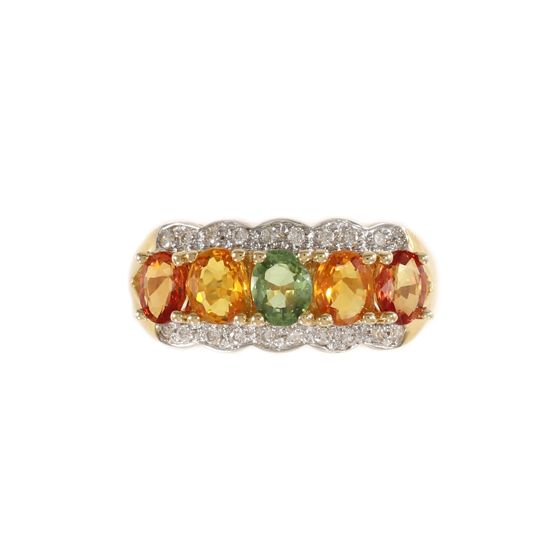 Tamara G Designs | Five Stone Halo Sunset Sapphire Ring